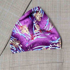Gascoigne Hand Stitched Japanese Kimono Fabric Pocket Square Purple Floral Men's